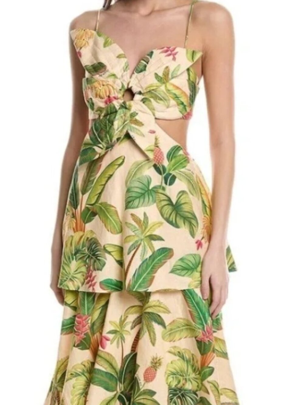 NWT FARM Rio Fruit Forest Linen Blend Maxi Dress XL Tropical Cutout Ruffle Sand - Picture 7 of 11